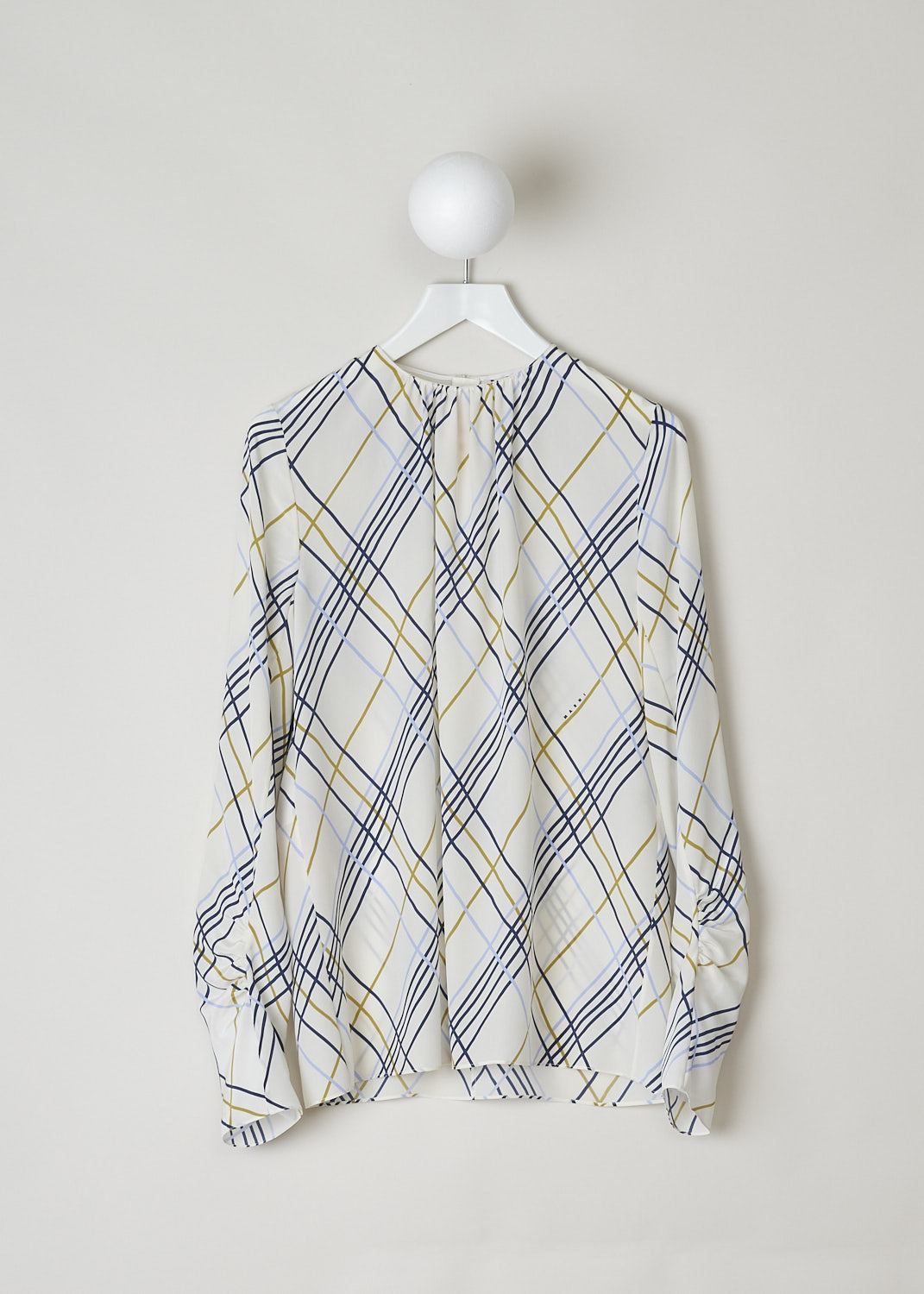 MARNI, SILK CROSS STRIPED TOP, CAMA0519A0_UTSF88_WRW06, White, Print, Blue, Front, This silk top has an off-white base with a colorful criss-cross stripe print. To one side, small Marni logo lettering can be found. The top has a ruched round neckline and that same ruching can be found on the long sleeves. The top has a straight hemline. In the back, a concealed centre zip functions as the closure option. 
