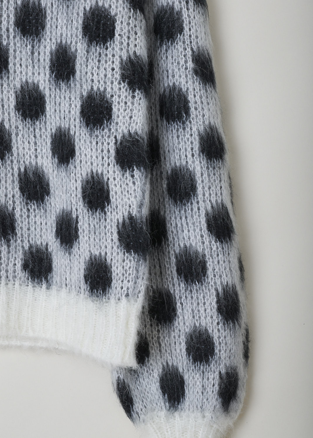 MARNI, BRUSHED DOTS FUZZY WUZZY SWEATER, GCMMD0476Q0_UFU160_DOW0, Grey, Print, Black, Detail 1, This brushed dots Fuzzy Wuzzy crew neck sweater has a white neckline with a ribbed finish. That same white ribbed finish can be found on the cuffs and hemline. The sweater has a two-tone dot pattern in grey and black.
