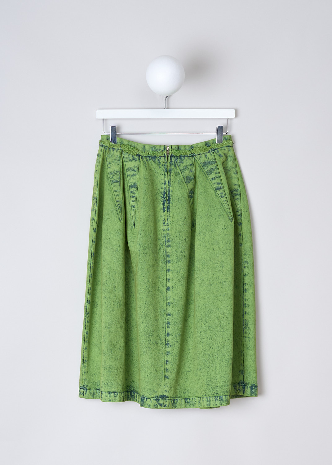 MARNI, MARBLE-DYED PLEATED DENIM SKIRT IN KIWI, GOJD0594A0_USCV96_MBV40, Green, Back, This pleated denim midi skirt in marble-dyed bleached Kiwi has a waistband with a frayed trim. A  silver-tone centre zip in the back functions as the closure. The skirt has a straight hemline. 
