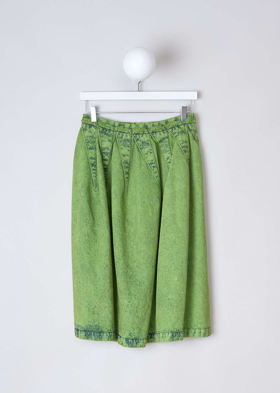 MARNI, MARBLE-DYED PLEATED DENIM SKIRT IN KIWI, GOJD0594A0_USCV96_MBV40, Green, Front, This pleated denim midi skirt in marble-dyed bleached Kiwi has a waistband with a frayed trim. A  silver-tone centre zip in the back functions as the closure. The skirt has a straight hemline. 
