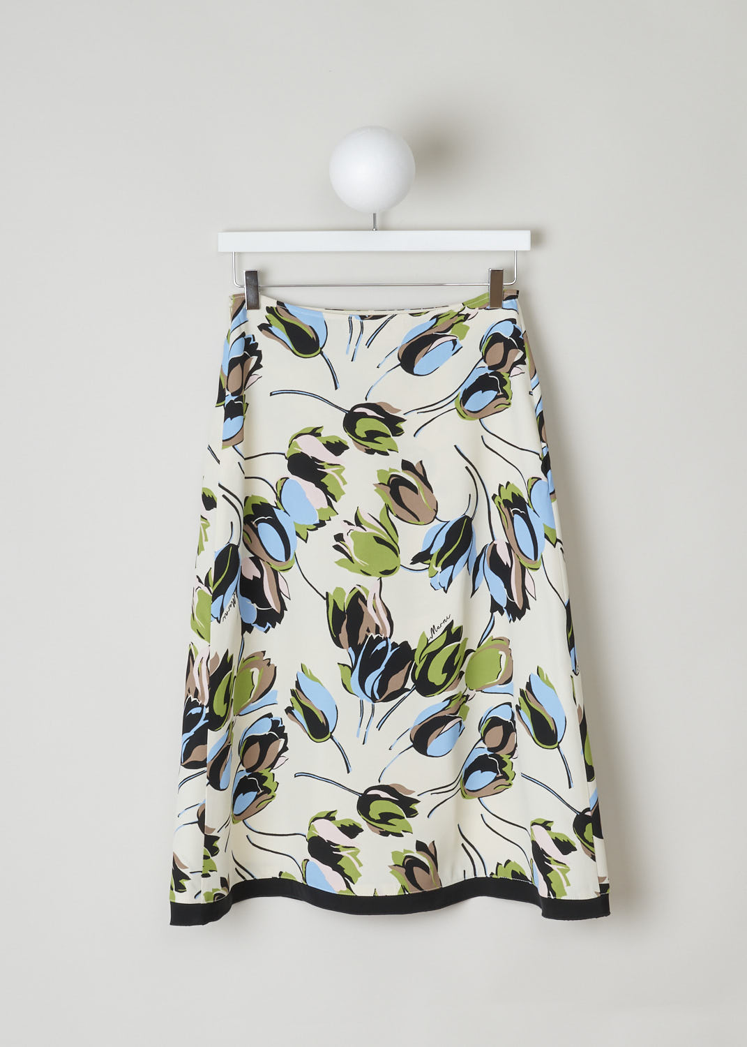 MARNI, CREAM COLORED A-LINE MIDI SKIRT, GOMA0042Q0_UTV844_WIW03, Print, Back, This cream colored A-line skirt has a floral print in blues and greens. A concealed side zip functions as the closing option. The skirt has a black satin hemline. 
