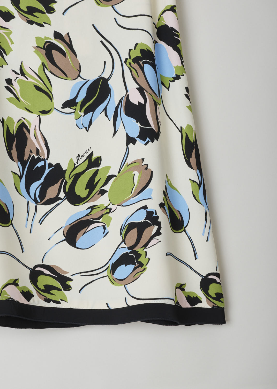 MARNI, CREAM COLORED A-LINE MIDI SKIRT, GOMA0042Q0_UTV844_WIW03, Print, Detail, This cream colored A-line skirt has a floral print in blues and greens. A concealed side zip functions as the closing option. The skirt has a black satin hemline. 
