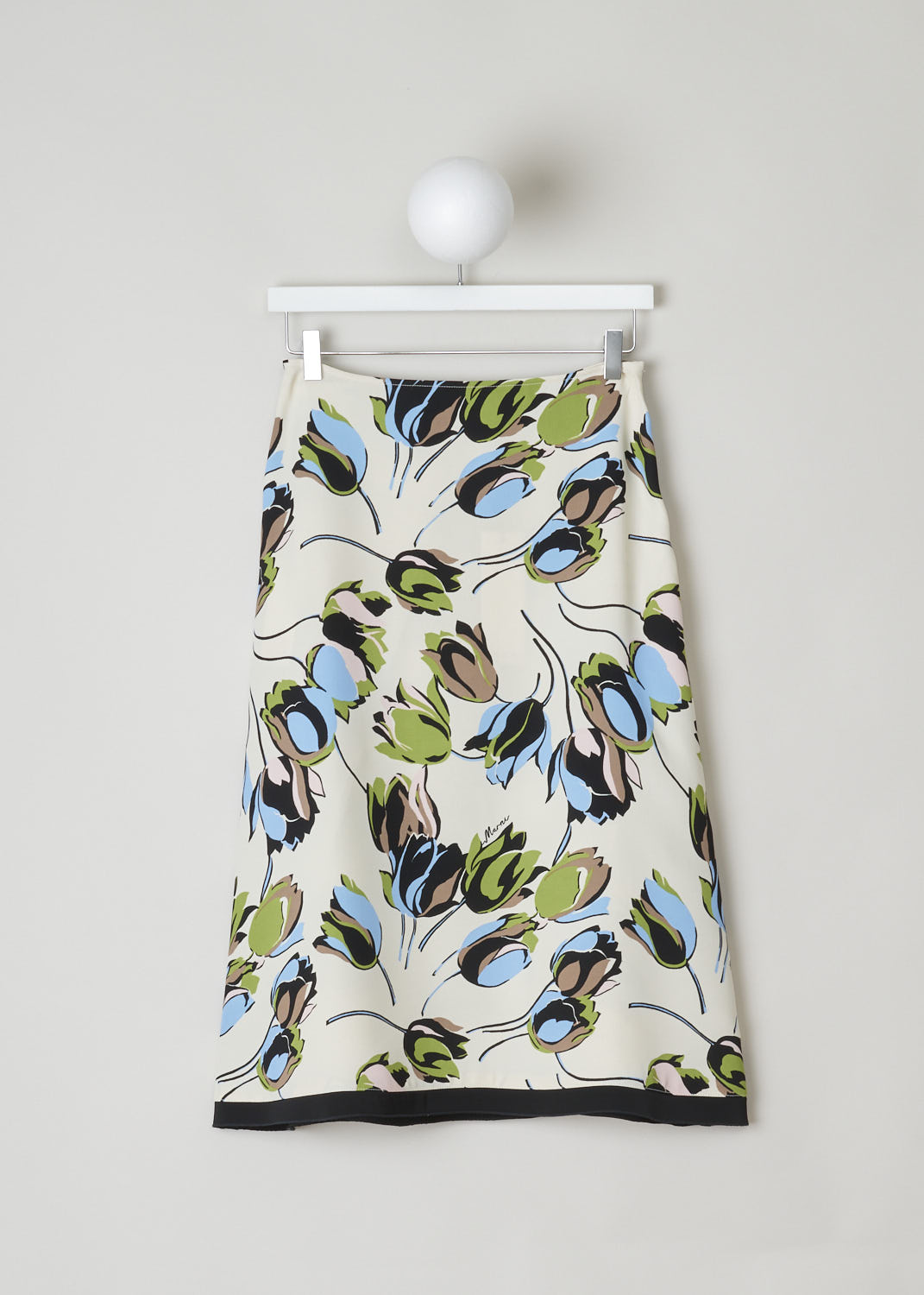MARNI, CREAM COLORED A-LINE MIDI SKIRT, GOMA0042Q0_UTV844_WIW03, Print, Front, This cream colored A-line skirt has a floral print in blues and greens. A concealed side zip functions as the closing option. The skirt has a black satin hemline. 
