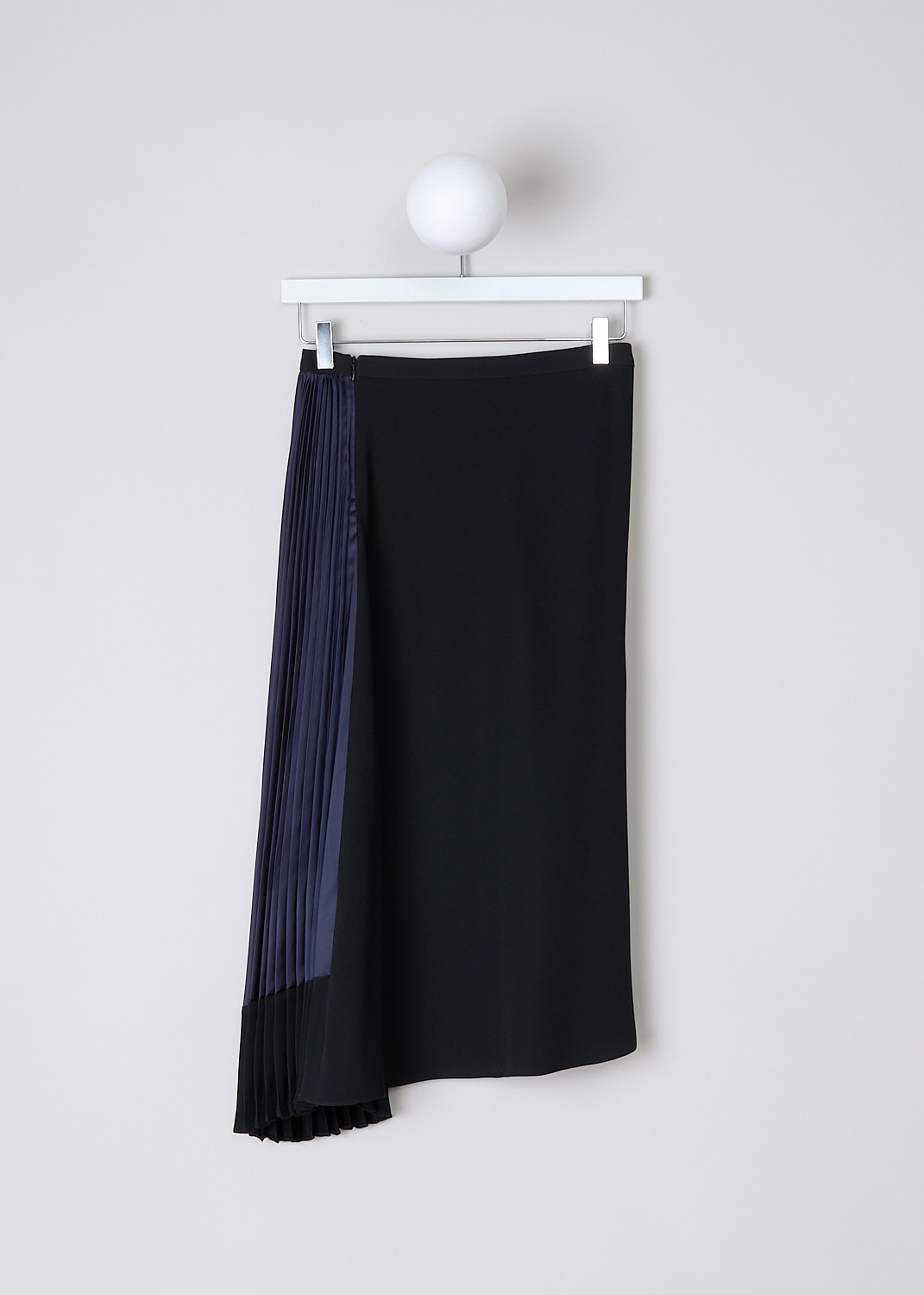 MARNI, LIGHT NAVY AND BLACK SATIN PLEATED SKIRT, GOMA0129FQ_TV710_Y5704, Black, Blue, Back, This A-line multi-fabric midi skirt is made with a sleek black fabric  with a pleated light navy satin insert to one side. A concealed zip in the back functions as the closure. The skirt has an asymmetric hemline. 
