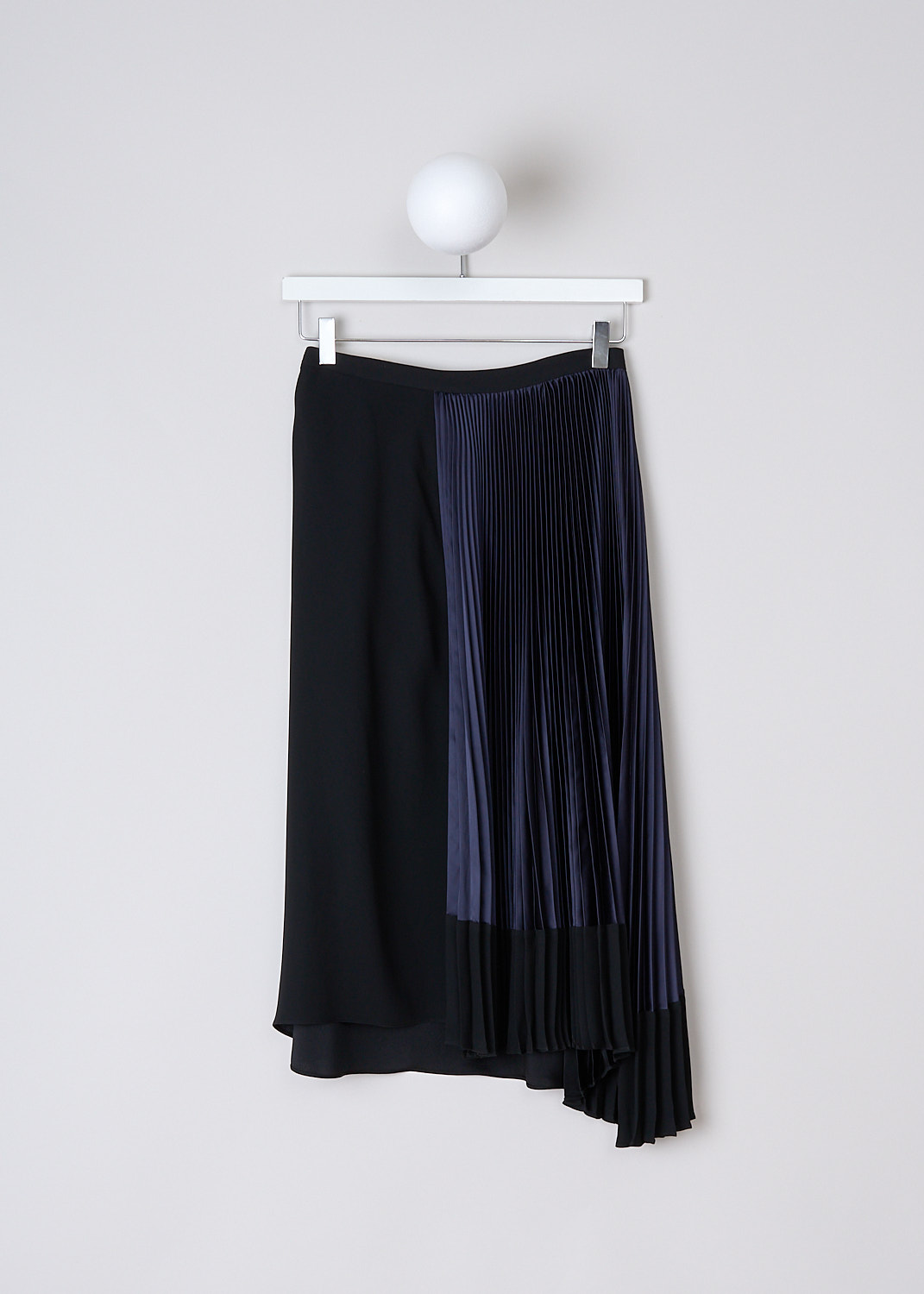 MARNI, LIGHT NAVY AND BLACK SATIN PLEATED SKIRT, GOMA0129FQ_TV710_Y5704, Black, Blue, Front, This A-line multi-fabric midi skirt is made with a sleek black fabric  with a pleated light navy satin insert to one side. A concealed zip in the back functions as the closure. The skirt has an asymmetric hemline. 


