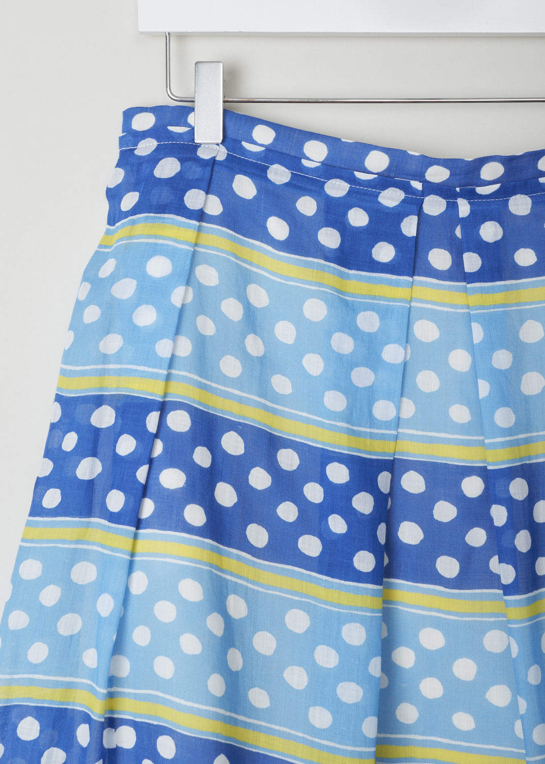 MARNI, COLORFUL DOTS AND STRIPES SKIRT, GOMA0420A0_UTR023_DSB57, Blue, Print, Detail, This colorful dots and stripes midi skirt is pleated throughout. The skirt has a layered hem around the waist with white stitching. In the back the concealed zipper and snap closure can be found.
