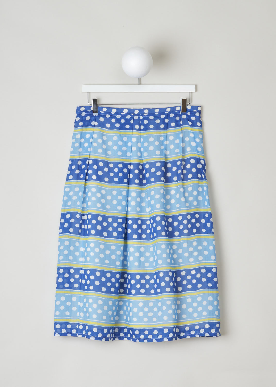 MARNI, COLORFUL DOTS AND STRIPES SKIRT, GOMA0420A0_UTR023_DSB57, Blue, Print, Front, This colorful dots and stripes midi skirt is pleated throughout. The skirt has a layered hem around the waist with white stitching. In the back the concealed zipper and snap closure can be found.