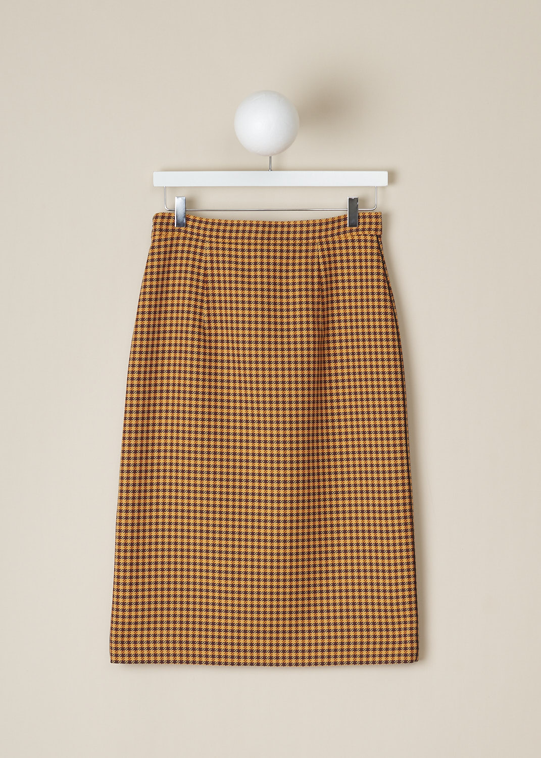 MARNI, ORANGE HOUNDSTOOTH MIDI SKIRT, 
GOMA0554IU_UTP730_CHR79, Orange, Print, Back, This high-waisted orange Houndstooth midi skirt has a narrow waistband and a concealed side zip that functions as the closure option. Black piping runs along the side seams. In the front, the skirt has a high slit. The skirt has a straight hemline. 
