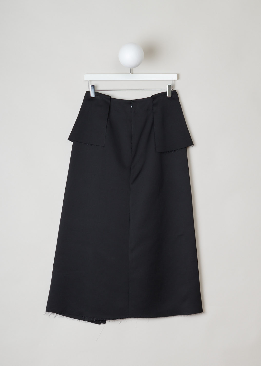 Marni, Black satin A-line skirt, GOMAT64JY0_TSD60_00N99_black, black, back, Black a-line skirt crafted from satin fabric. All the edges of the fabric are frilled and unfinished, featuring similarities with a wrap skirt. Furthermore a concealed zip fastening can be found on the back. 