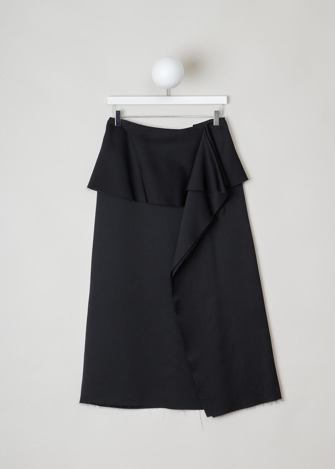 Marni, Black satin A-line skirt, GOMAT64JY0_TSD60_00N99_black, black, front, Black a-line skirt crafted from satin fabric. All the edges of the fabric are frilled and unfinished, featuring similarities with a wrap skirt. Furthermore a concealed zip fastening can be found on the back. 