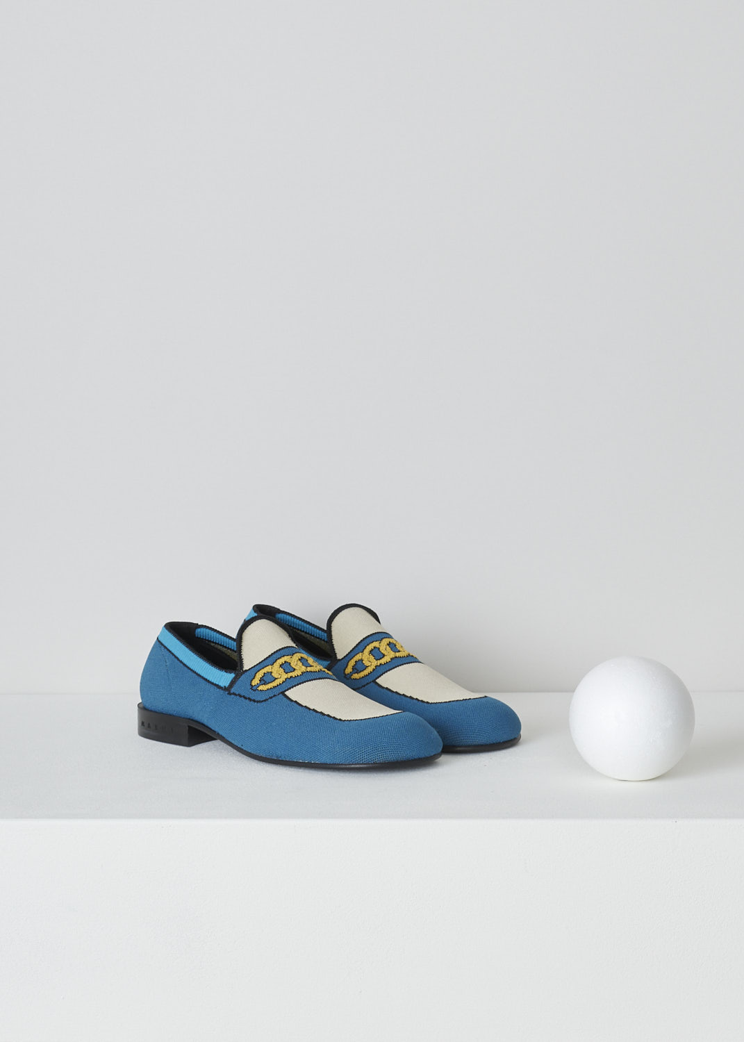 MARNI, BLUE TROMPE L'OEIL JACQUARD MOCASSINS, MOMS003601_P4547_ZO122, Blue, Front, These blue knitted moccasins have a trompe l'oeil image woven into them which depicts the different parts of the shoe and a gold chain across the vamp. These moccasins have a round toe and flat rubber sole with a small heel. 

