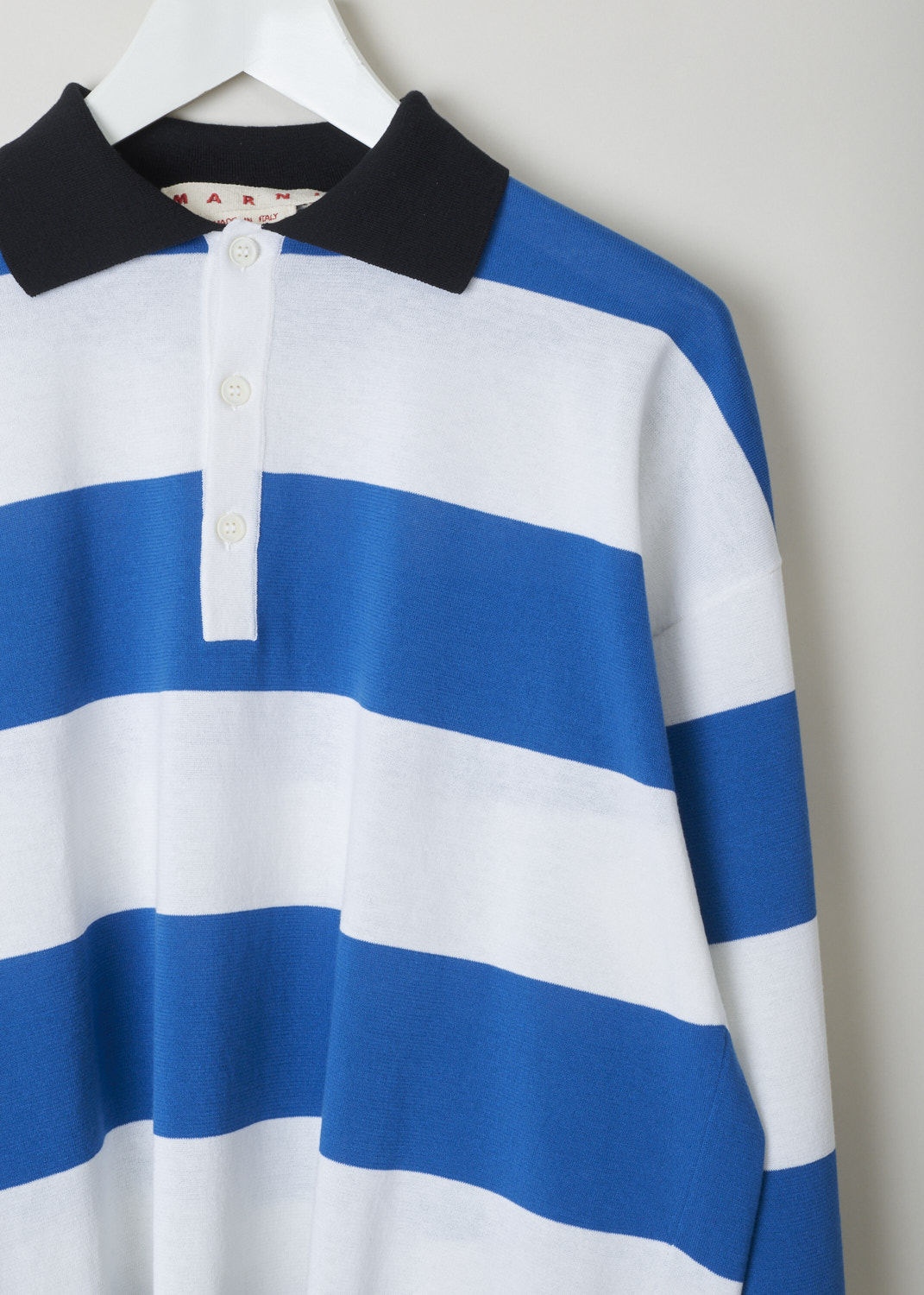 Marni, Horizontally striped long sleeve polo, POMD0029Q0_UFC912_MSB54, blue white, print, detail, This long sleeve polo is designed with an oversized fit in mind and comes adorned with lovely horizontal stripes in blue and white. The pointed collar, hem and the cuffs are all coloured to a darker shade of blue.  