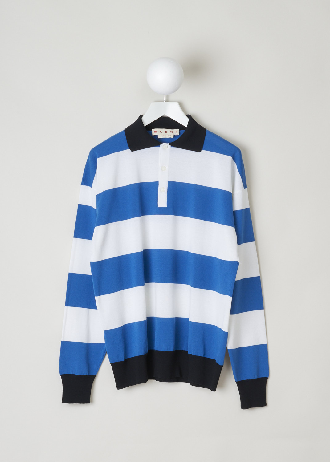 Marni, Horizontally striped long sleeve polo, POMD0029Q0_UFC912_MSB54, blue white, print, front, This long sleeve polo is designed with an oversized fit in mind and comes adorned with lovely horizontal stripes in blue and white. The pointed collar, hem and the cuffs are all coloured to a darker shade of blue.  