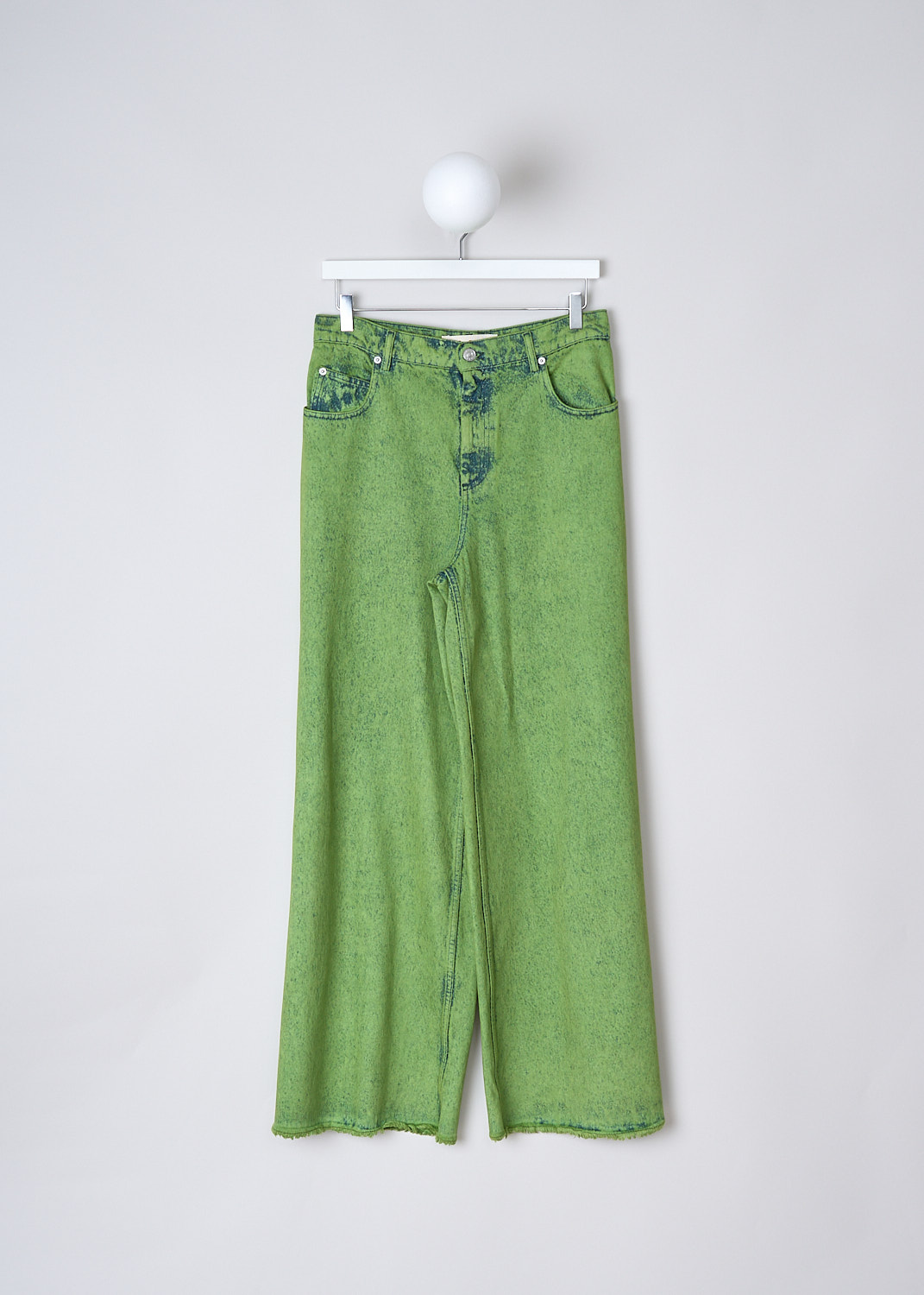 MARNI, MARBLE-DYED BLEACHED DENIM PANTS IN KIWI, PAJD0340A0_USCV96_MBV40, Green, Front, These marble-dyed bleached denim pants in Kiwi have a waistband with belt loops and a button and zip closure. These pants have a 5-pocket design, with two slanted pockets and a coin pocket in the front and two patch pockets in the back. The pants are high-waisted with wide pant legs. The hem is frayed.

