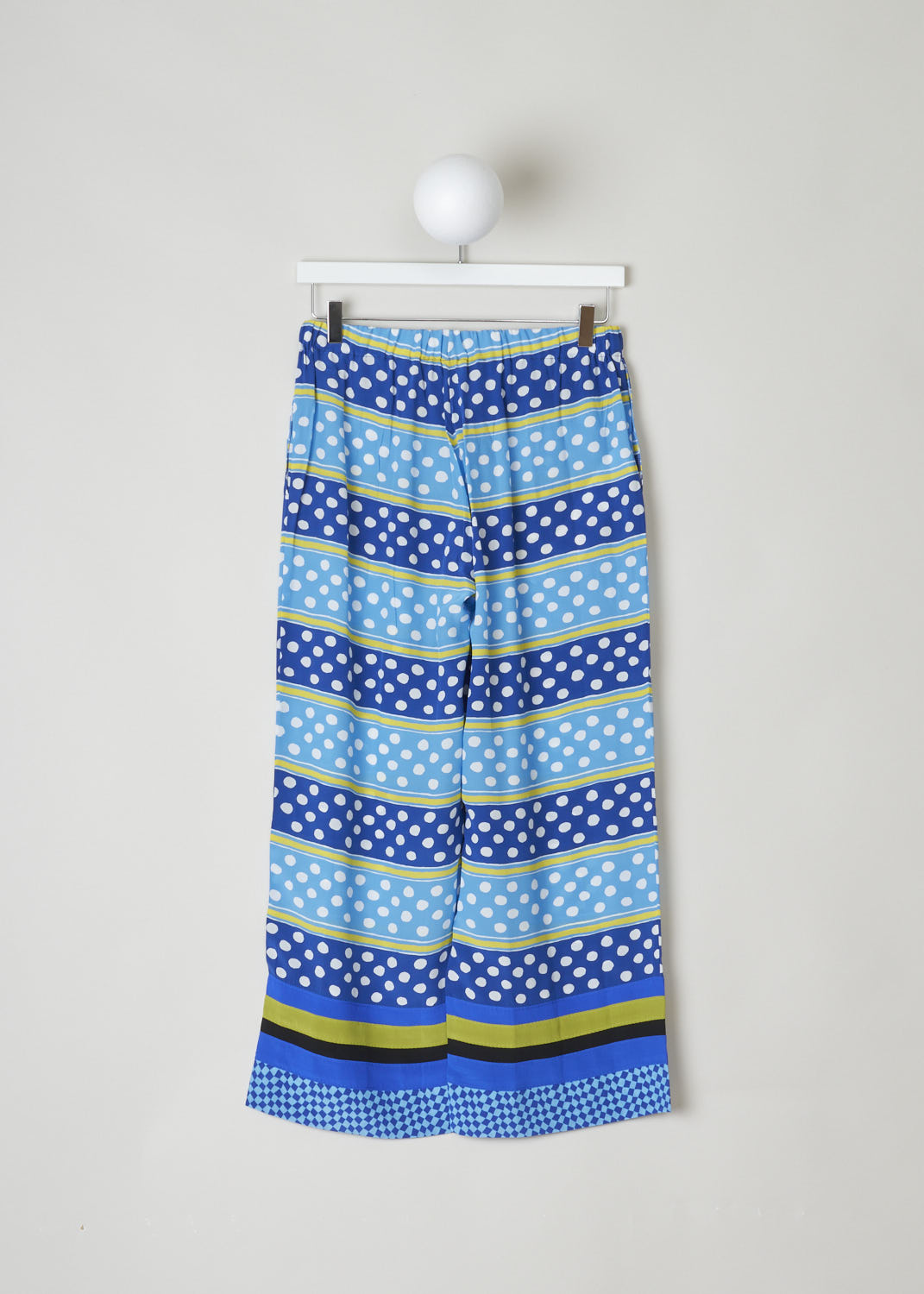 MARNI, COLORFUL SILK DOTS AND STRIPES PANTS, PAMA0304Q0_UTSF75_DS57, Blue, Print, Back, This cheerfully printed silk pants features a elasticated waist with drawstrings. Two concealed slanted pockets can be found on either side. A colorful broad trim decorates the hem.
