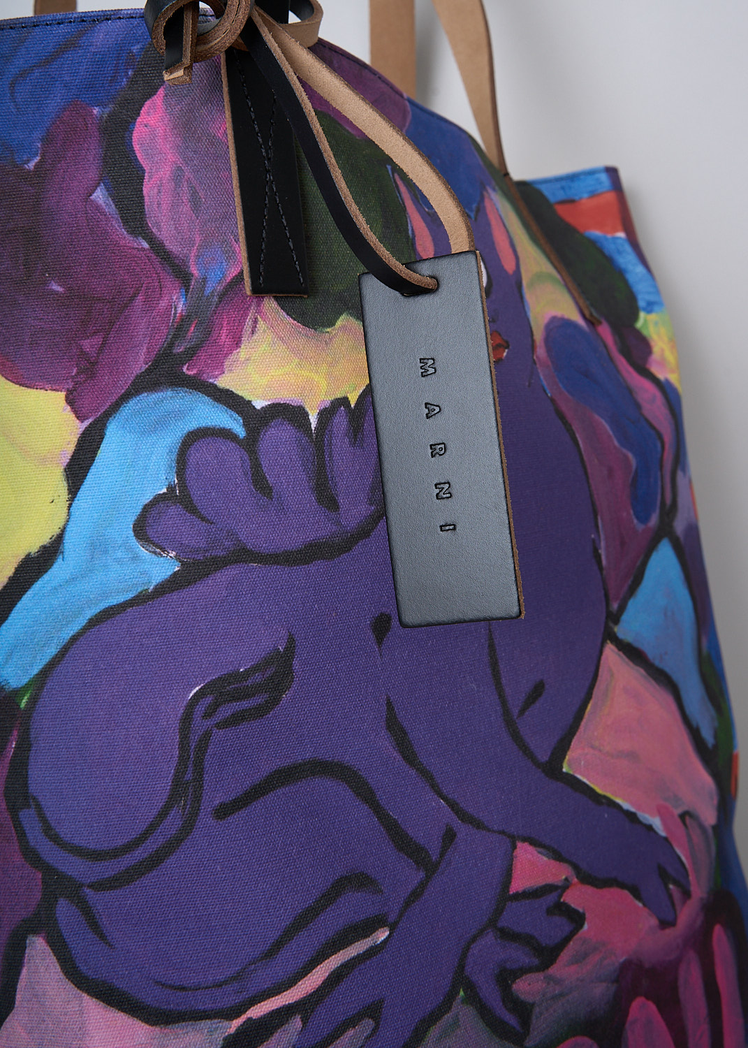 MARNI, MULTICOLOR SHOPPER BAG, SHMP0091U0_P5336_00C80, Purple, Blue, Print, Detail, This open-top shopper bag has a painterly multicolored print. The bag has two leather shoulder straps. The bag has a single spacious compartment.  
