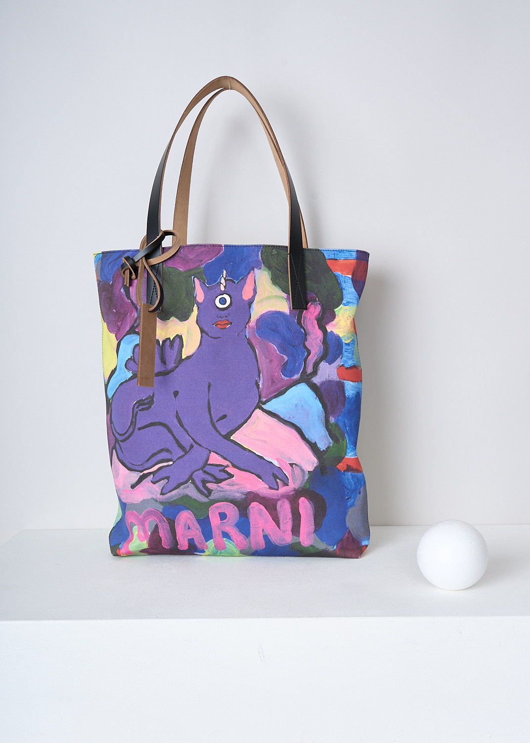 MARNI, MULTICOLOR SHOPPER BAG, SHMP0091U0_P5336_00C80, Purple, Blue, Print, Front, This open-top shopper bag has a painterly multicolored print. The bag has two leather shoulder straps. The bag has a single spacious compartment.  
