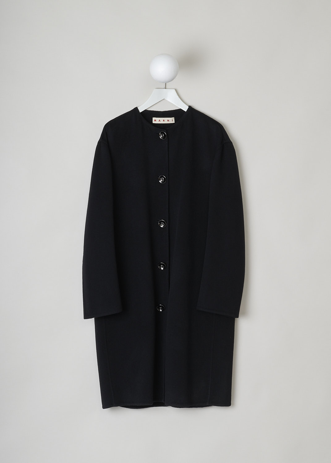 MARNI, LONG BLACK DUSTER COAT, SPMA0048KU_TW888_00N99, Front, Black, This long collarless duster coat in black features a front button closure with round metal buttons. The long sleeves are lined. Slanted pockets are concealed in the side seams. The coat has a straight hemline. 
