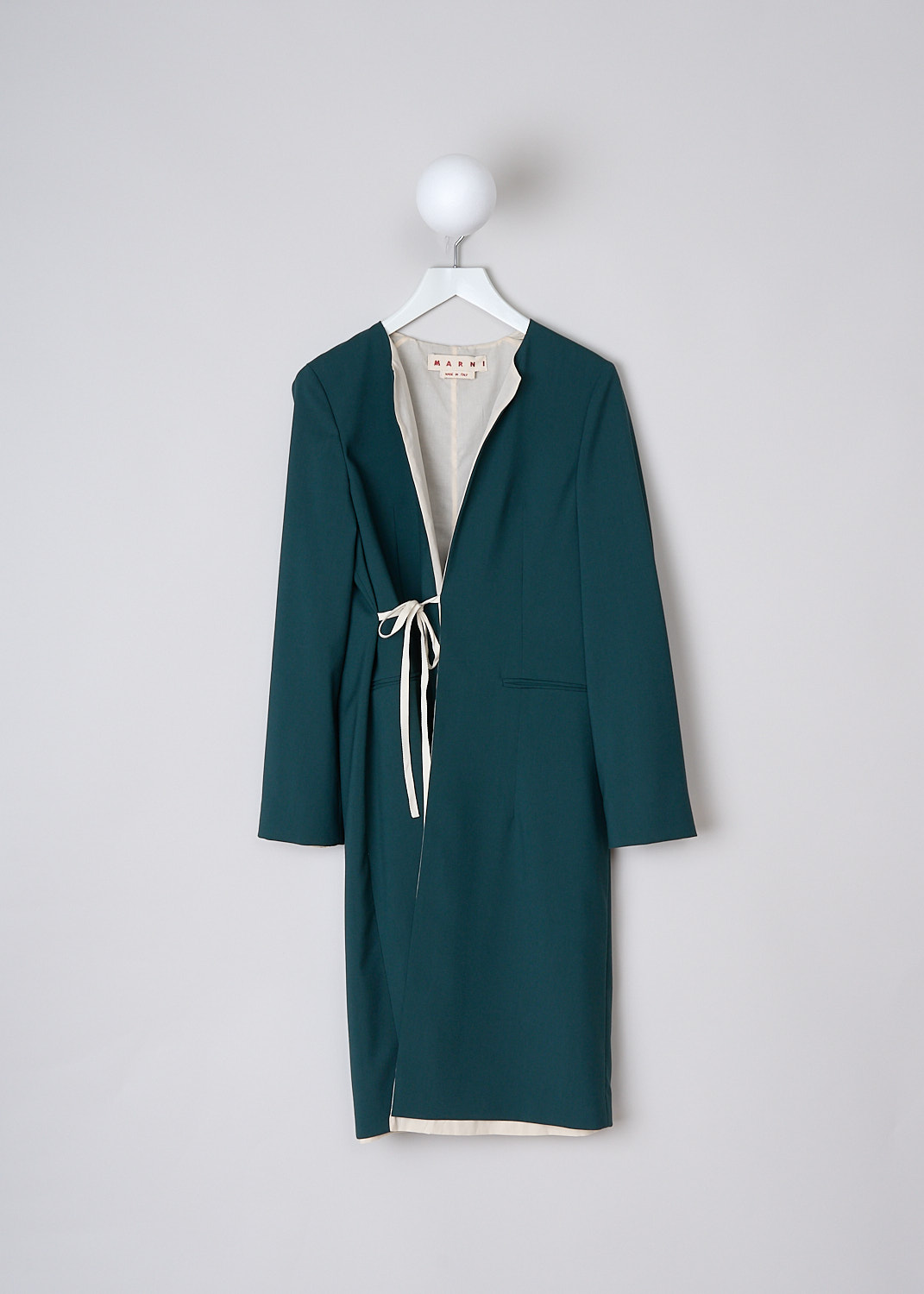 MARNI, GREEN JACKET WITH TIE CORD, SPMA0182U0_TW839_00V93, Green, Front, This long green coat has a round collarless neckline. The front is open with a tie cord to one side. Also on the front, the coat has welt pockets. The coat is fully lined with a off-white cotton fabric that peeks out from under the hemline.

