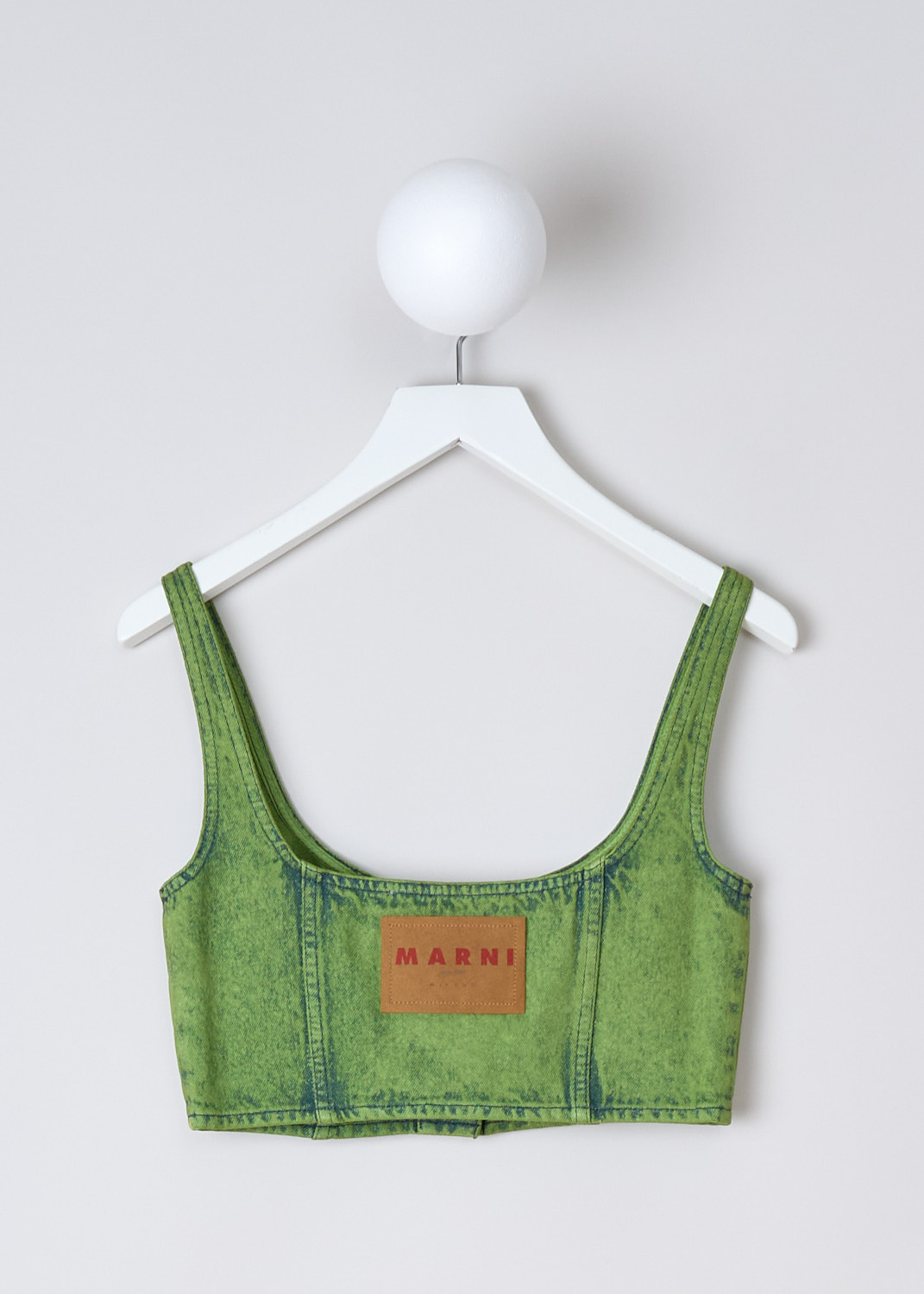 MARNI, MARBLE-DYED BLEACHED CORSET TOP IN KIWI, TTJD0285A0_USCV96_MBV40, Green, Back, This Marble-dyed bleached sleeveless corset top in Kiwi has fixed shoulder straps, a scoop neckline and a front button closure. The top has a cropped silhouette. The brand's logo patch van be found on the back.

