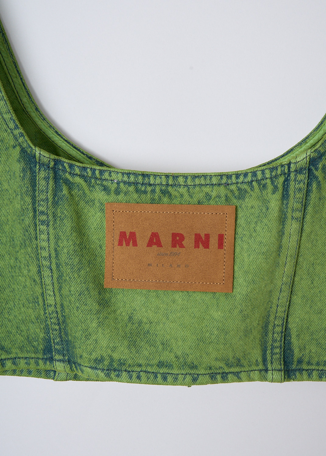 MARNI, MARBLE-DYED BLEACHED CORSET TOP IN KIWI, TTJD0285A0_USCV96_MBV40, Green, Detail, This Marble-dyed bleached sleeveless corset top in Kiwi has fixed shoulder straps, a scoop neckline and a front button closure. The top has a cropped silhouette. The brand's logo patch van be found on the back.

