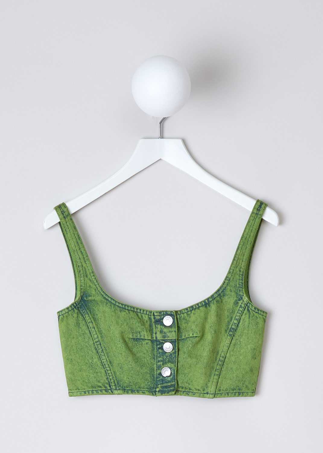 MARNI, MARBLE-DYED BLEACHED CORSET TOP IN KIWI, TTJD0285A0_USCV96_MBV40, Green, Front, This Marble-dyed bleached sleeveless corset top in Kiwi has fixed shoulder straps, a scoop neckline and a front button closure. The top has a cropped silhouette. The brand's logo patch van be found on the back.

