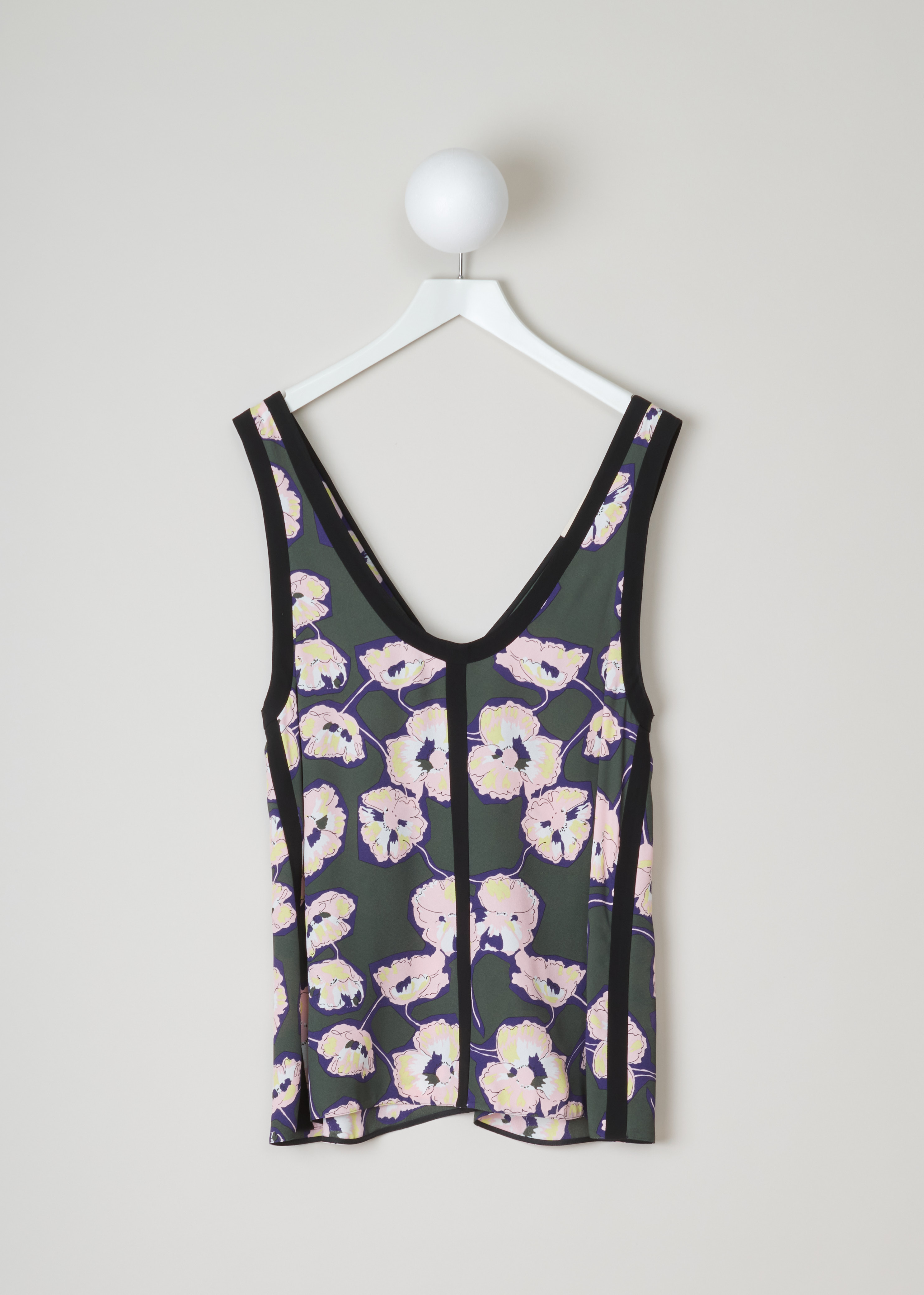 Marni Flower print tank top TTMA_V20Q00_TV526_WHV69 dark olive front. Tank top with a green and purple flower print, deep round neckline, V-back and black decorative bias-binding.