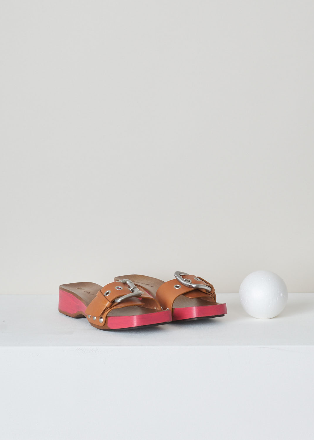 Marni, Red single-strap sandal with metal buckle, ZCMS000204_P3386_00M23, red, front, These one-band sandals have a metal buckle. The red coloration on the sides of these sandals are all hand painted and come with square cut toes.