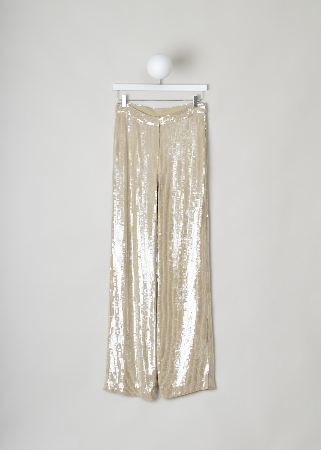 NILI LOTAN, KHAKI COLORED SEQUIN PANTS, 12186_W688_KHAKI, Front, Beige, These khaki colored pants are fully covered with see-through sequin. A concealed clasp and zip functions as the closure option. These pants have straight pant legs and are fully lined. 
