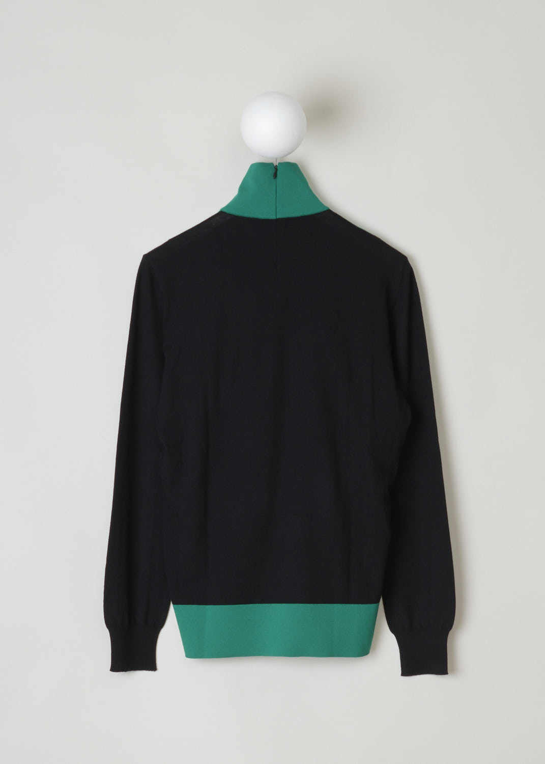 PLAN C, TWO-TONE TURTLENECK SWEATER, DVCMC51KG0_FW003_Z3052, Black, Green, Back, Beautiful two-toned turtleneck. The long sleeves and back are a deep black and the front and neck are green. In the back of the neck, a concealed zipper can be found.
