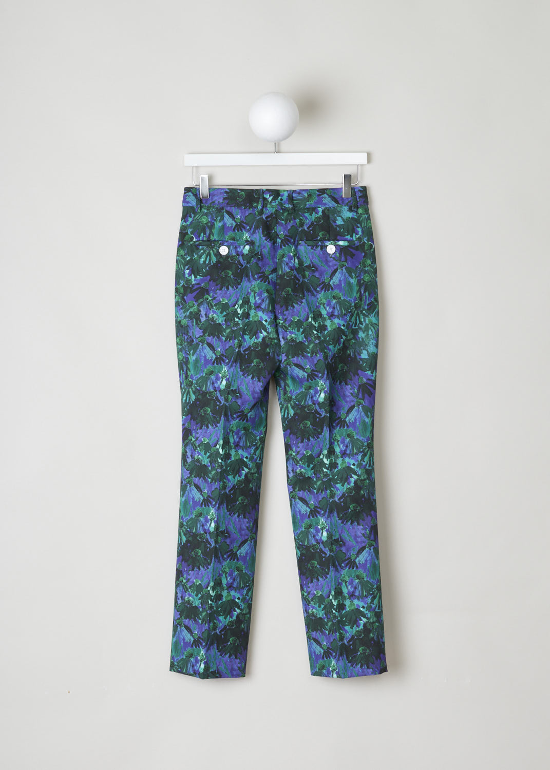 PLAN C,  MULTICOLORED FLORAL TROUSERS, PNCAA06B08_TP069_FIV02_GREEN_CLOVER, Print, Back, These multicolored floral trousers have belt loops, a contrasting white button and a concealed zip fastening as well as slanted pockets in the front and buttoned welt pockets in the back. On the pant legs, centre pleats can be found front and back.
