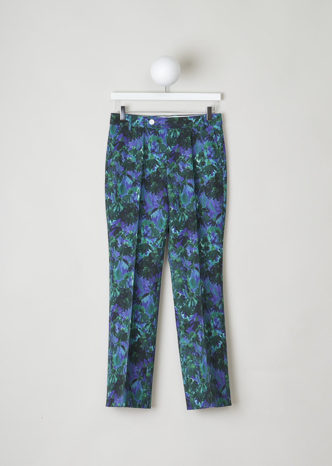 PLAN C,  MULTICOLORED FLORAL TROUSERS, PNCAA06B08_TP069_FIV02_GREEN_CLOVER, Print, Front, These multicolored floral trousers have belt loops, a contrasting white button and a concealed zip fastening as well as slanted pockets in the front and buttoned welt pockets in the back. On the pant legs, centre pleats can be found front and back.
