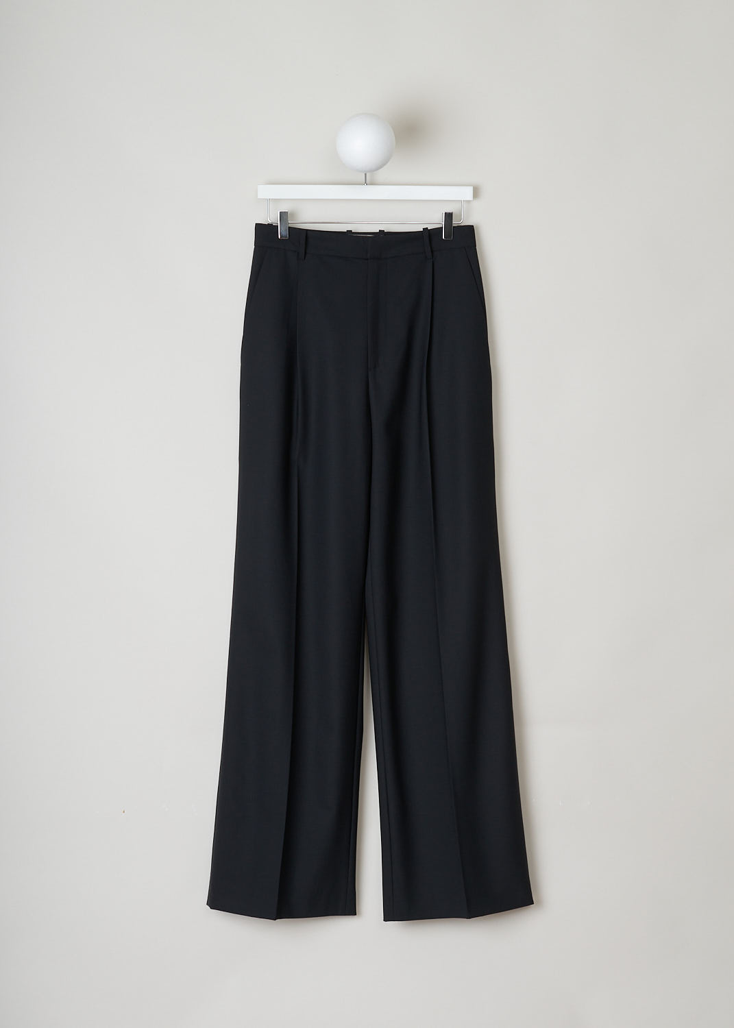 PLAN C, BLACK DRESS PANTS, PNCAA55L00_TP016_00N99, Black, Front, These black dress pants has a clasp and zip closure and belt loops. In the front, these pants have slanted pockets and centre pleats run along the length of the legs. In the back, flap welt pockets with a button can be found. The pant legs flare out slightly.  
