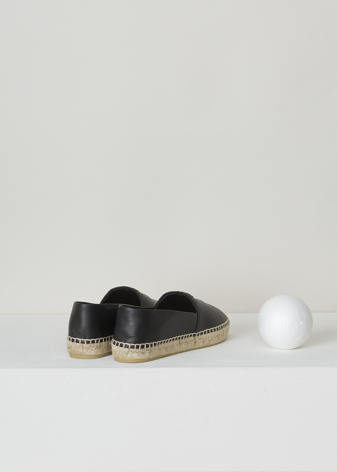 PRADA, BLACK LEATHER ESPADRILLES, NAPPA_1_1S871M_79N_F0002_NERO, Black, Back, These black, soft leather Espadrilles have a round toe that goes over into the braided jute soles. The brand's triangle logo can be found on the vamp.

