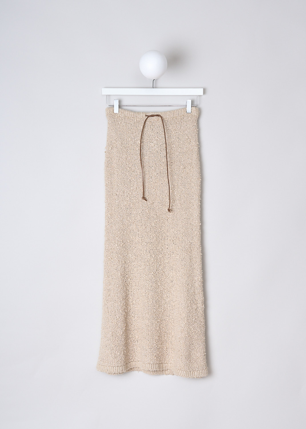 PRADA, SILK BOUCLÉ MAXI SKIRT IN NATURAL, 21427_12ZD_F0018_NATURALE, Beige, Front, This silk bouclé maxi skirt in Natural has an elasticated waistband with a brown leather drawstring. The skirt flares out slightly. In the back, the brand's triangle logo patch can be found.  
