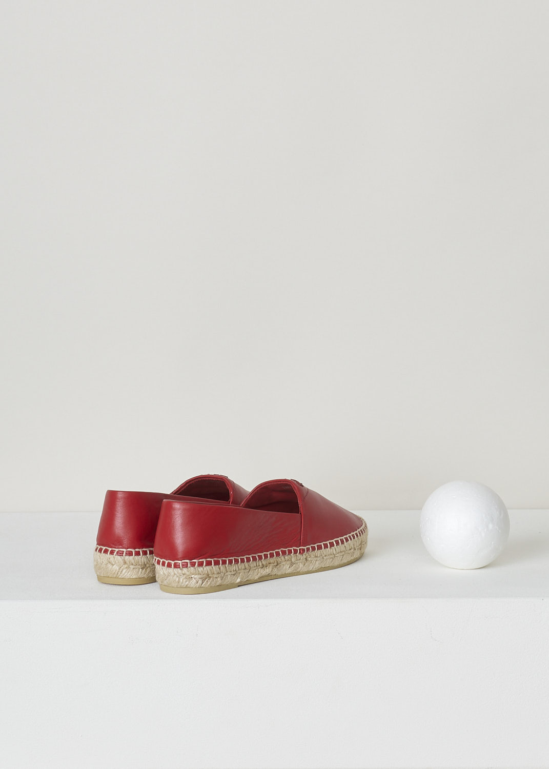 PRADA, RED LEATHER ESPADRILLES, NAPPA_1_1S871M_79N_F0011_ROSSO, Red, Back, These red, soft leather Espadrilles have a round toe that goes over into the braided jute soles. The brand's triangle logo can be found on the vamp in black.  
