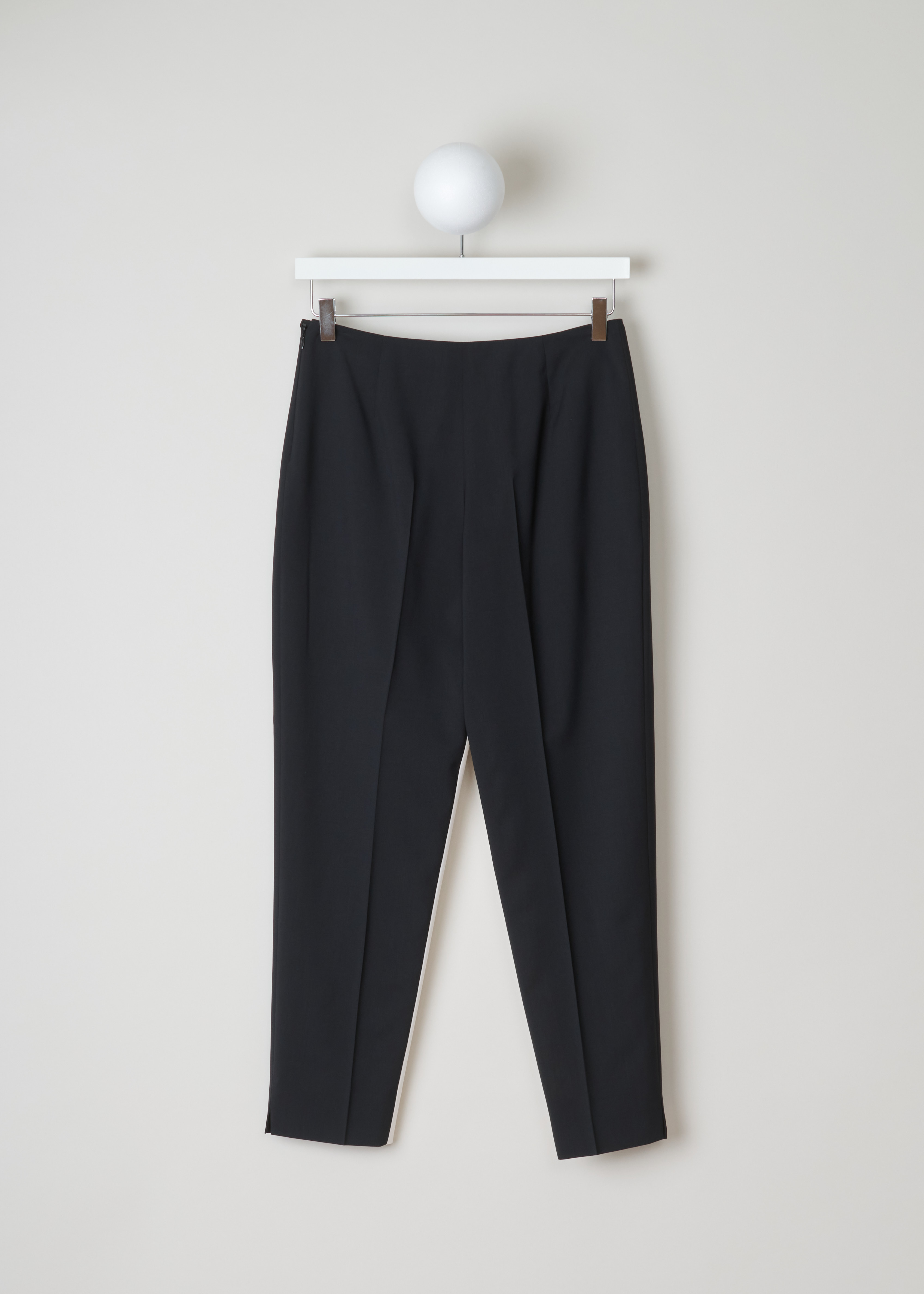 Prada Black and white pants Lana_Leggera_P2798_F0967_Nero_Bianco nero bianco back. Black trousers with a white panel on the inside of the legs, centre creases and an invisible zipper on the side.
