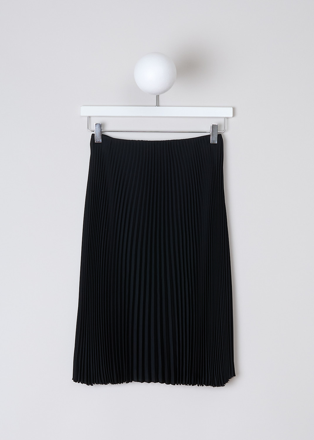 PRADA, KNEE-LENGTH BLACK PLEATED SKIRT, GABARDINE_CREPE_P155_BG6_F0002_NERO, Black, Back, This black knee-length skirt is accordion pleated throughout. The skirt has a concealed side zipper. The skirt is fully lined.   
