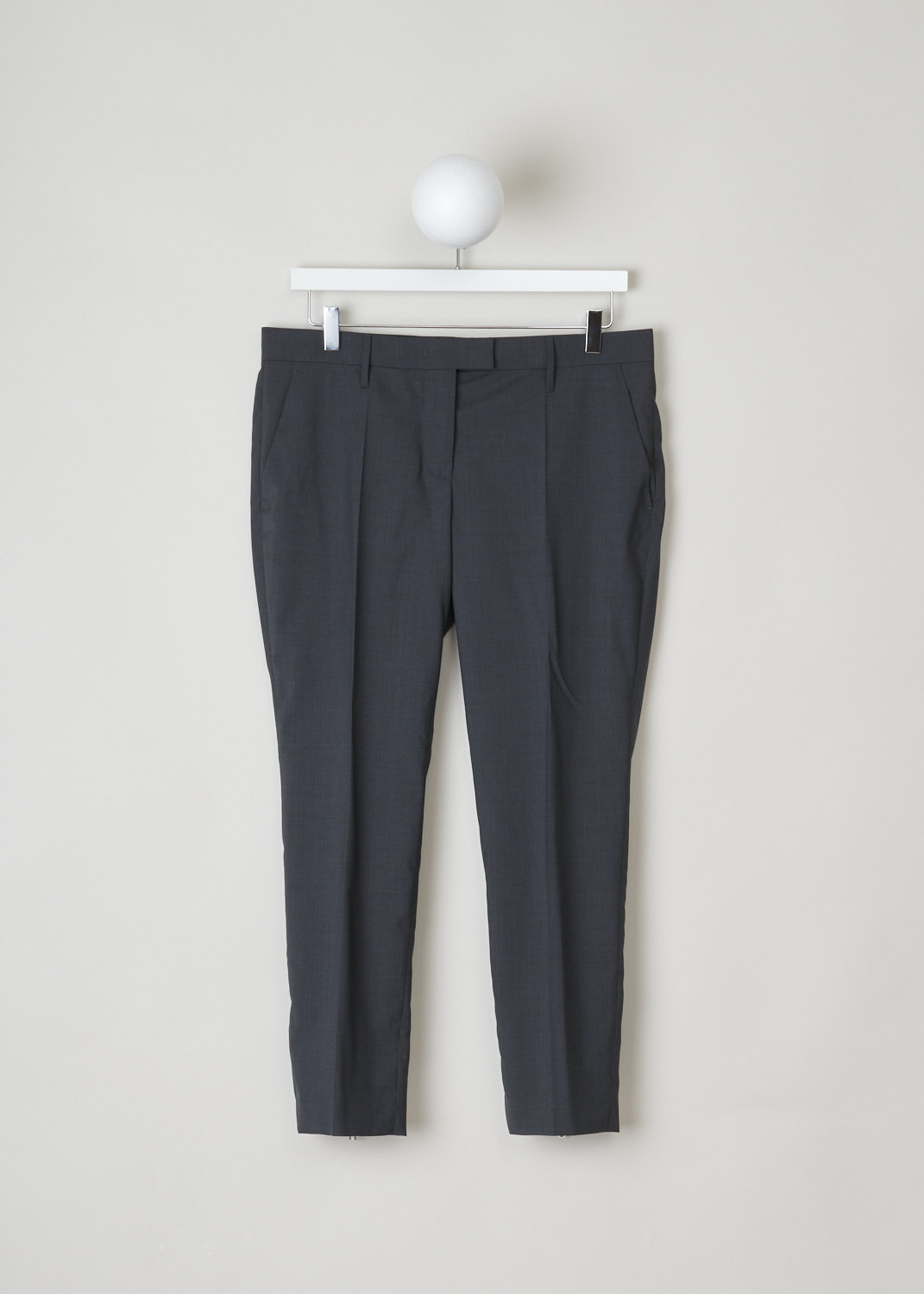 Prada, Charcoal coloured flat-front pants, lana_leggera_P201C_F0480_ardesia, grey, front, A well hidden, but nevertheless a lovely feature about this flat-front pants are the silver-tone zippers used on the legs, it adds that little bit of extra excitement. Further decorating the front are two forward slanted pockets, and the fastening option. And adorning the back are two jetted pockets. 