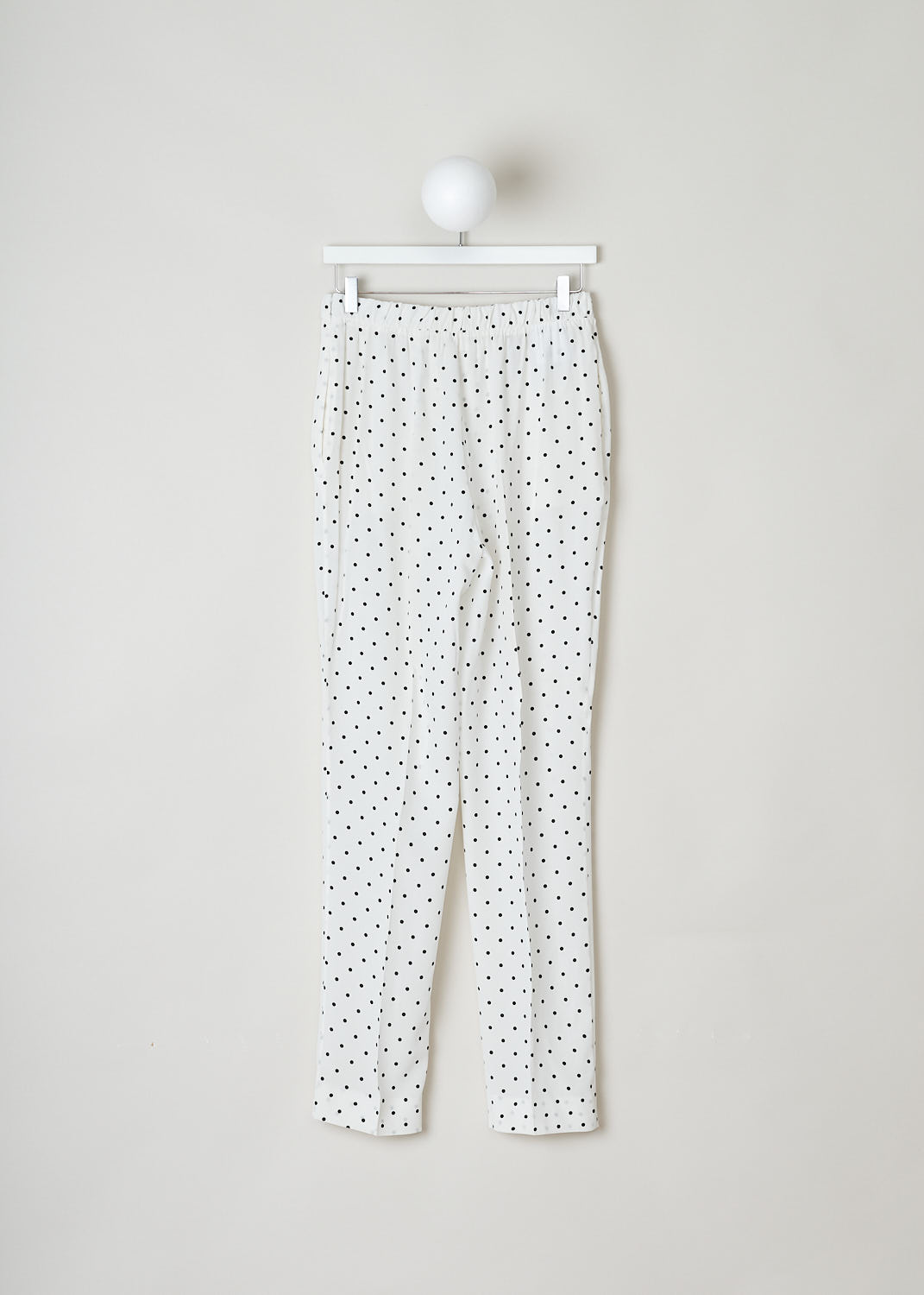PRADA, WHITE SILK POLKA-DOT PRINT PANTS, CDC_POIS_P225EL_AVORIO_NERO, White, Print, back, This fun polka-dot print pants comes with a belted waist. The fabric could be described as semi see through.  A concealed zipper closure can be found along the seam. The pants has slanted pockets on each side. 