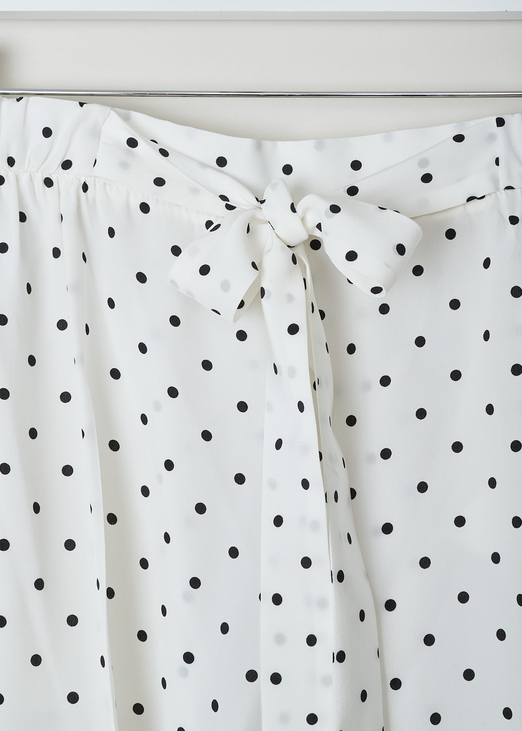 PRADA, WHITE SILK POLKA-DOT PRINT PANTS, CDC_POIS_P225EL_AVORIO_NERO, White, Print, Detail, This fun polka-dot print pants comes with a belted waist. The fabric could be described as semi see through.  A concealed zipper closure can be found along the seam. The pants has slanted pockets on each side. 
