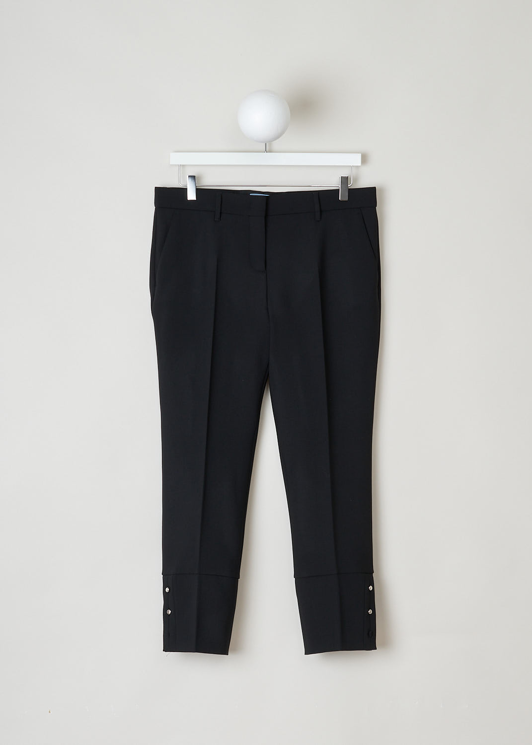 Prada, Black wool pants, Tela_Natte_STR_P2291_F0002_Nero, black, front, Made in the classic pants model. What sets this model apart is the hem, which comes adorned with a buttoned split. 
