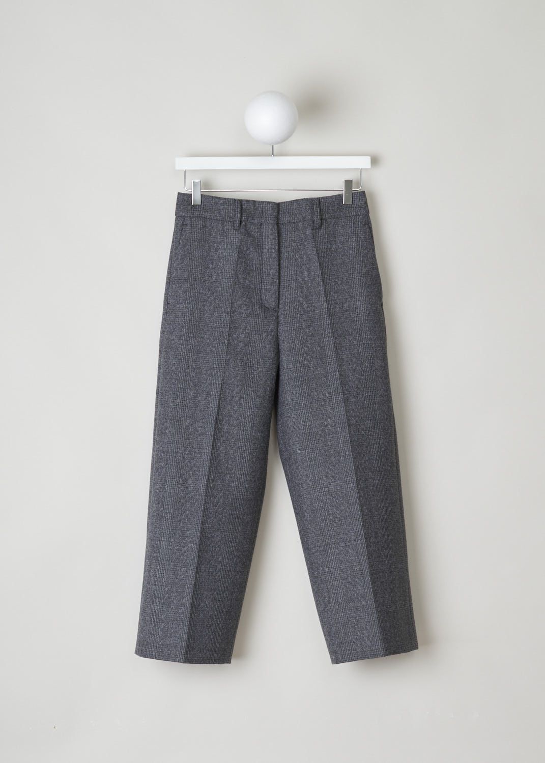 PRADA, GREY TWEED TROUSERS, LJH_GALLES_MOULINE_P293BC_F0480_ARDESIA, Grey, Front, Sturdy grey tweed trousers. These trousers have belt loops, a clasp and zip fastening, slanted pockets in the front and welt pockets in the back. On the pant legs, centre pleats can be found front and back.
