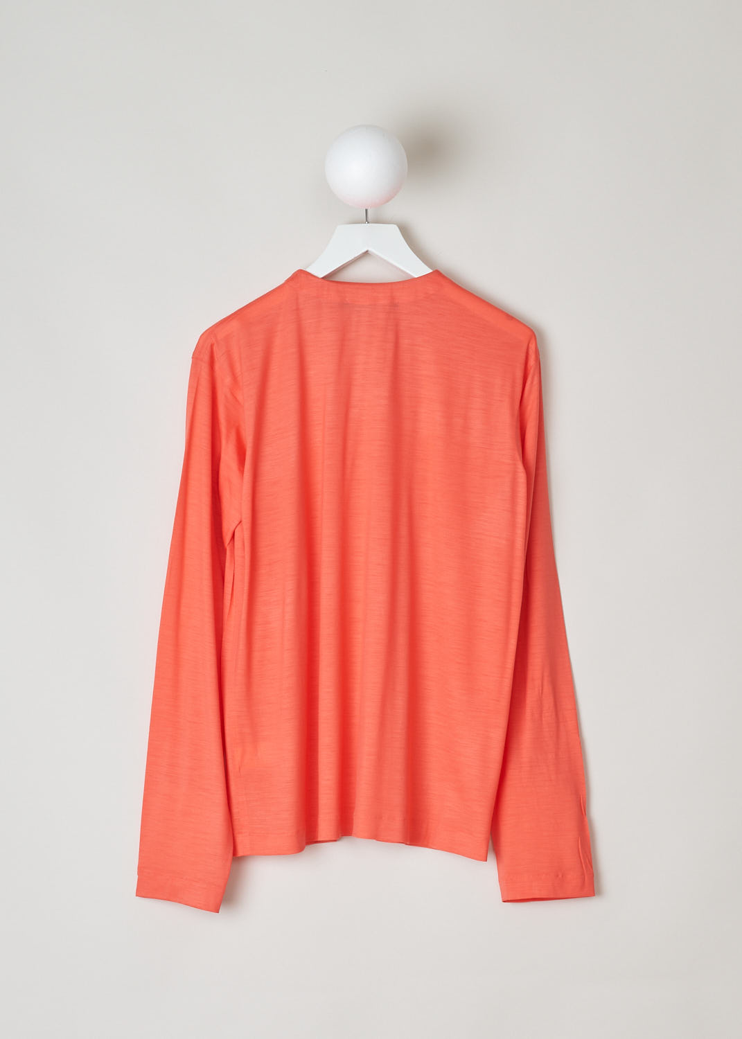 SOFIE Dâ€™HOORE, LONG SLEEVE CORAL TOP, BRIANNA_WOJE_CORAL, Pink, Orange, Back, This coral colored top features a gathered elasticated neckline. The long sleeve top drapes the bodice, creating a relaxed fit. 
