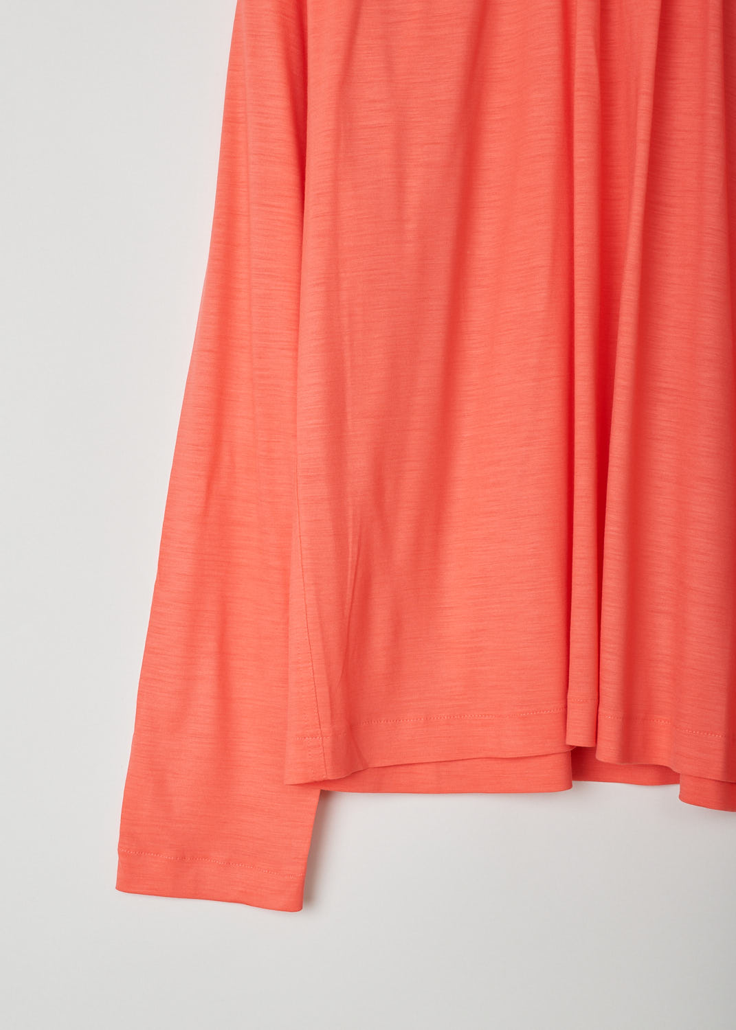 SOFIE Dâ€™HOORE, LONG SLEEVE CORAL TOP, BRIANNA_WOJE_CORAL, Pink, Orange, Detail, This coral colored top features a gathered elasticated neckline. The long sleeve top drapes the bodice, creating a relaxed fit. 
