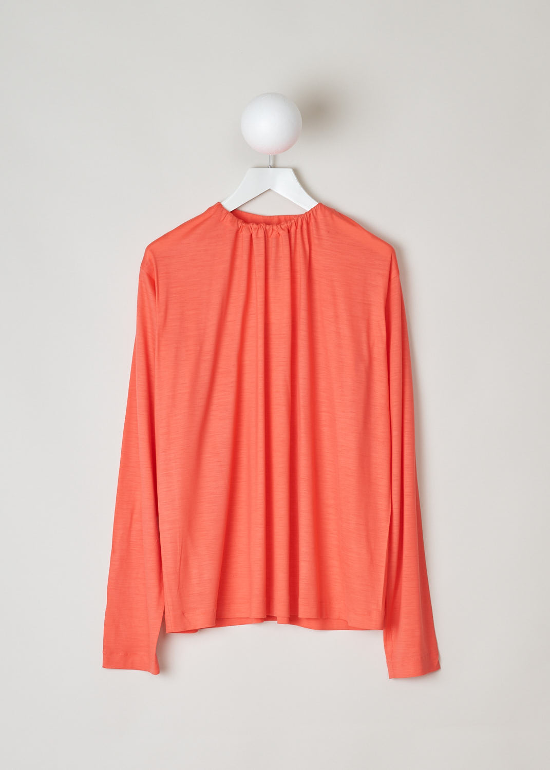 SOFIE Dâ€™HOORE, LONG SLEEVE CORAL TOP, BRIANNA_WOJE_CORAL, Pink, Orange, Front, This coral colored top features a gathered elasticated neckline. The long sleeve top drapes the bodice, creating a relaxed fit. 

