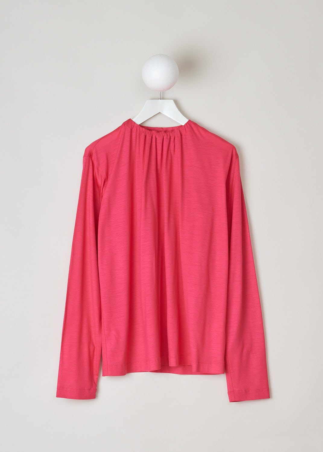 SOFIE Dâ€™HOORE, LONG SLEEVE FUCHSIA TOP, BRIANNA_WOJE_FUCHSIA, Pink, Front, This fuchsia colored top features a gathered elasticated neckline. The long sleeve top drapes the bodice, creating a relaxed fit. 
