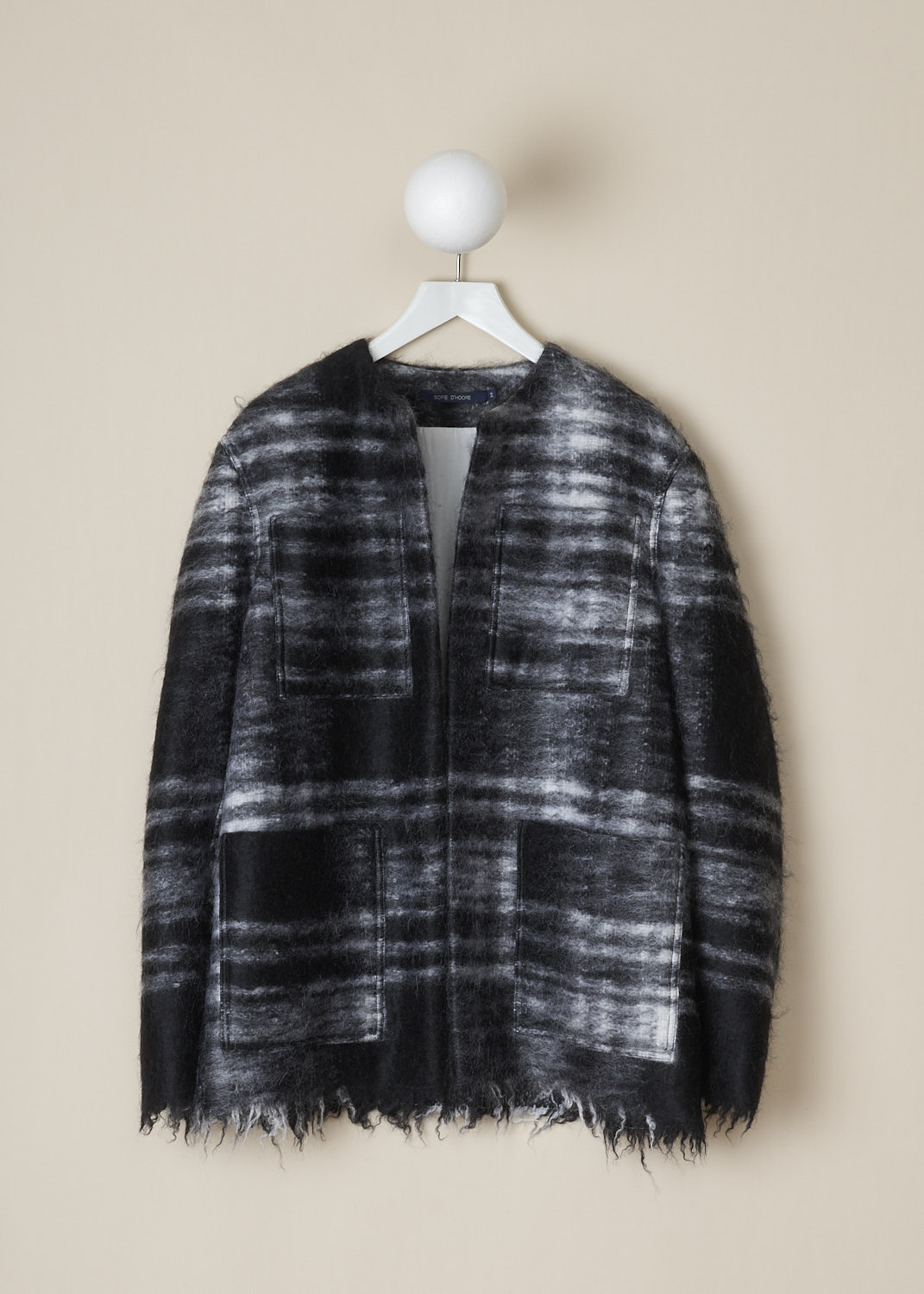 SOFIE Dâ€™HOORE, BLACK AND WHITE TARTAN CROFT JACKET, CROFT_WOMO_BLACK_TARTAN,  Black, White, Print, Front, This black and white tartan Croft jacket has a round neckline and an over front. In the front, the jacket had four big patch pockets. The long sleeves and hemline have a edged finish. The jacket is fully lined. 
 
