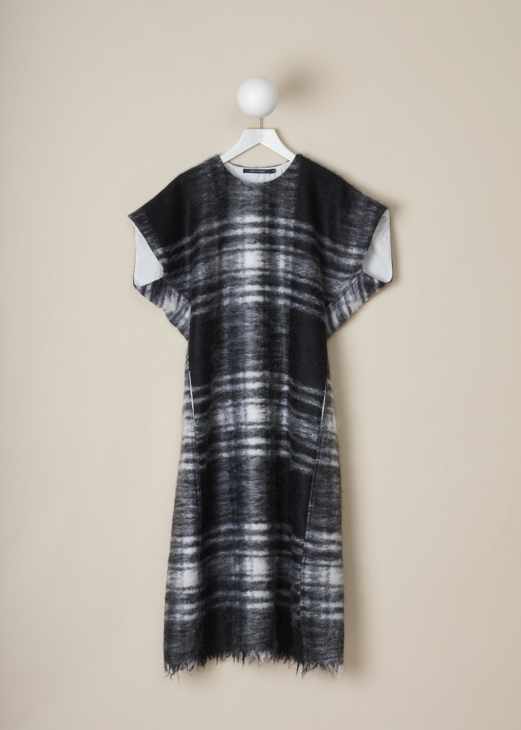 SOFIE Dâ€™HOORE, BLACK AND WHITE TARTAN DORIA DRESS, DORIA_WOMO_BLACK_TARTAN, Black, White, Print, Front, This black and white tartan Doria maxi dress has a round neckline with a concealed zip closure on the left shoulder. The dress has short cap sleeves. In the front, the dress has on-seam slanted pockets. The dress has a straight, raw edged hemline. The dress is fully lined. 
