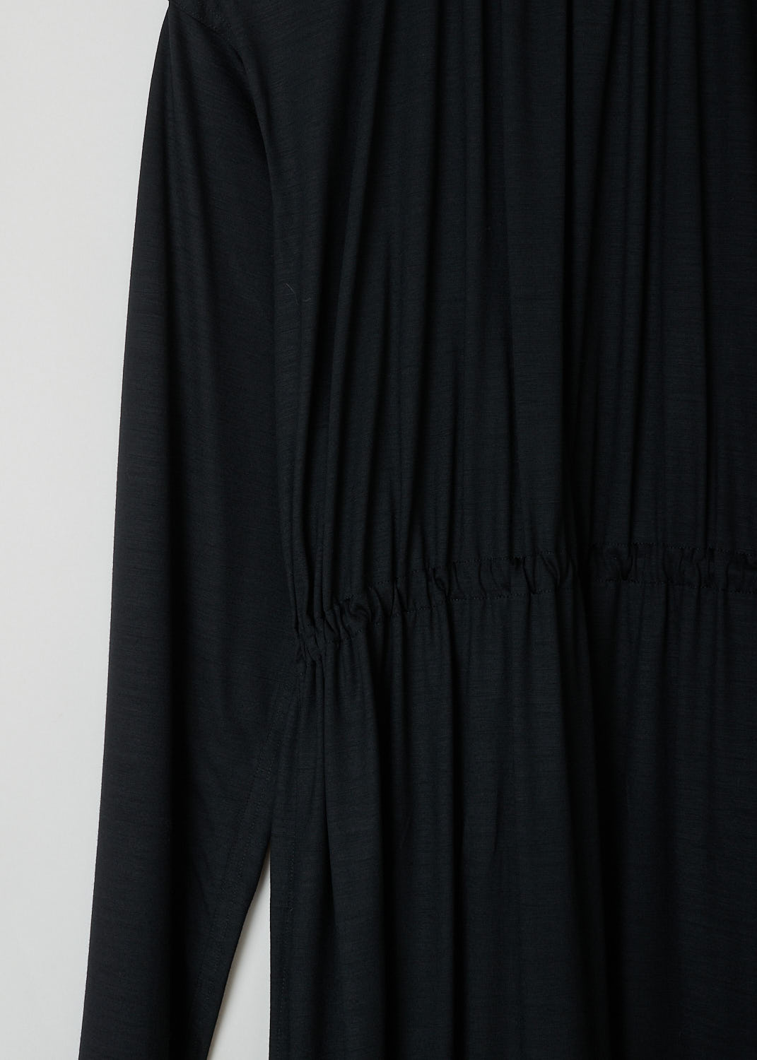 SOFIE Dâ€™HOORE, LONG SLEEVE BLACK DRESS, DARA_WOJE_BLACK, Black, Detail, This black maxi dress features a gathered elasticated neckline. The waist is also elasticated, cinching in the waist. Slant pockets can be found concealed in the seam.
